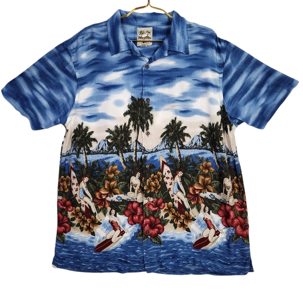 Steve & Barry's Classic Hawaiian Men Large Hula Girl Tropical Button Camp Shirt